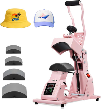 Hat Heat Press Machine, with 4pcs Interchangeable Platens, Precise Temperature and Time Control, Hat Press for HTV Iron On and Sublimation Projects, for Caps, Headbands, Cuffs, Face Masks, Pink