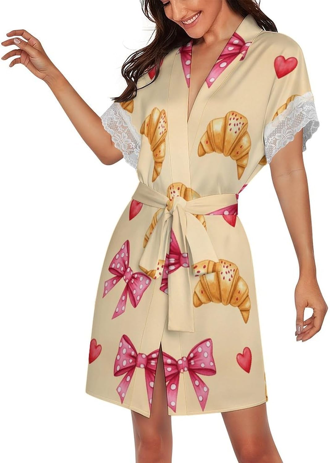 Cute Croissants Pink Bow Bath Robe Robes Short Sleeve Summer Spa Robe for Women