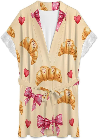 Cute Croissants Pink Bow Bath Robe Robes Short Sleeve Summer Spa Robe for Women