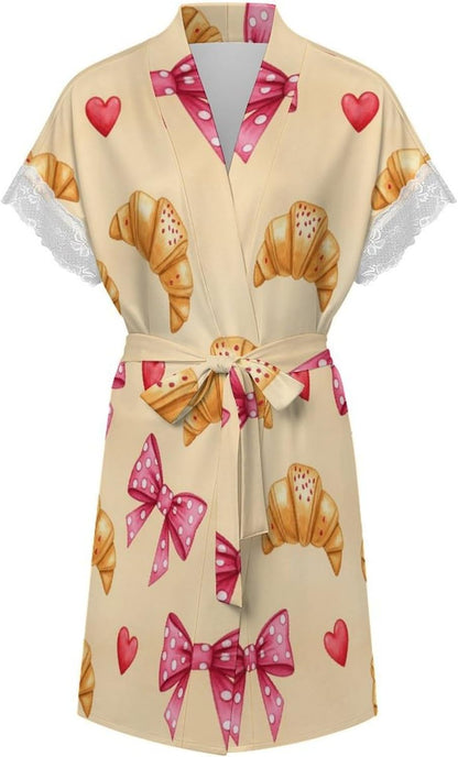 Cute Croissants Pink Bow Bath Robe Robes Short Sleeve Summer Spa Robe for Women