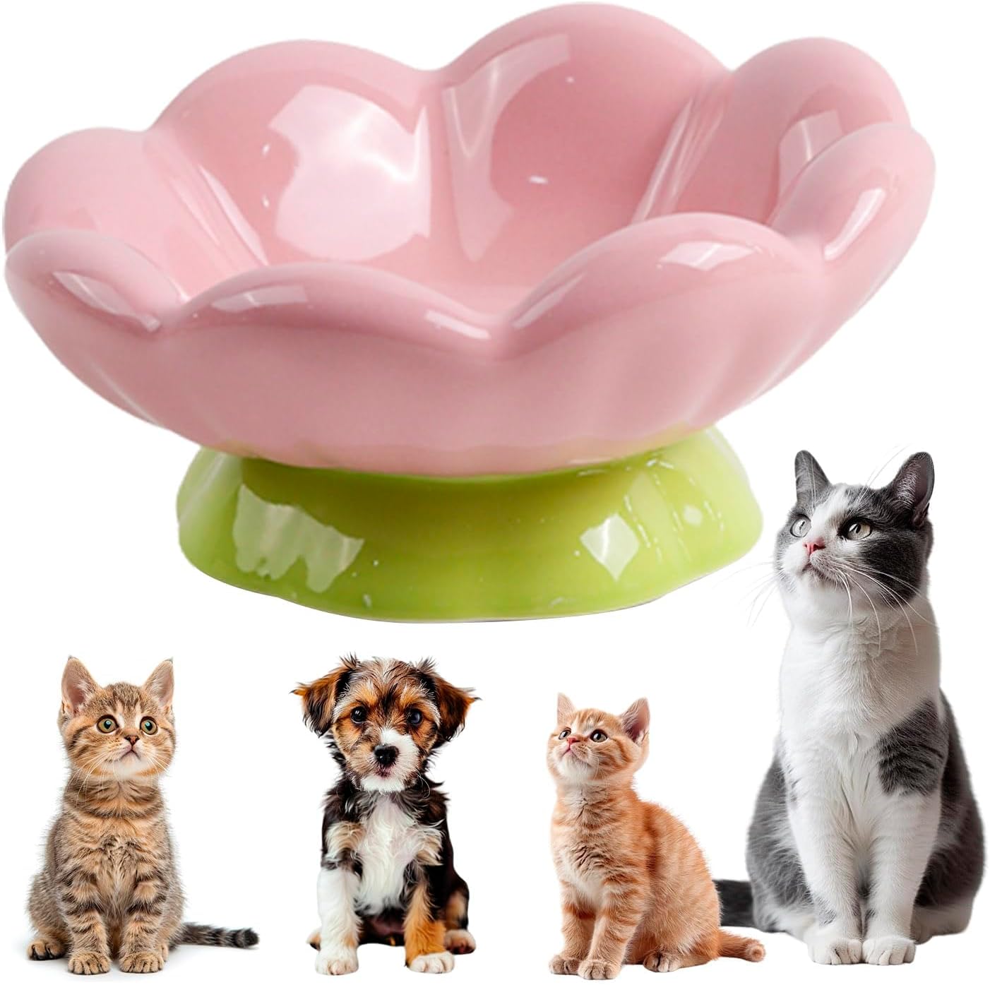 DIF DECO Ceramic Raised Cat Bowl, Pink Elevated Food Bowls for Food and Water Protecting Spine and Whisker Friendly,Tulip Shape Cute Pet Feeder Dish for Indoor Cats and Small Dogs(Height 3.3 inch)