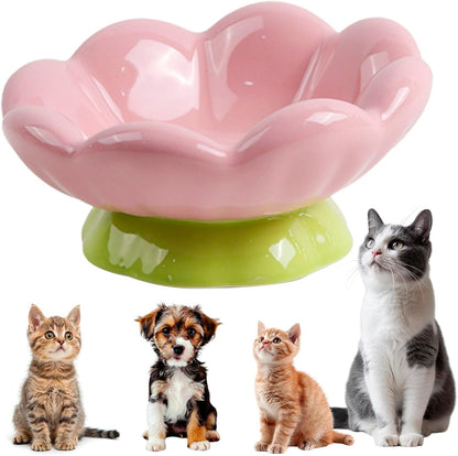 DIF DECO Ceramic Raised Cat Bowl, Pink Elevated Food Bowls for Food and Water Protecting Spine and Whisker Friendly,Tulip Shape Cute Pet Feeder Dish for Indoor Cats and Small Dogs(Height 3.3 inch)