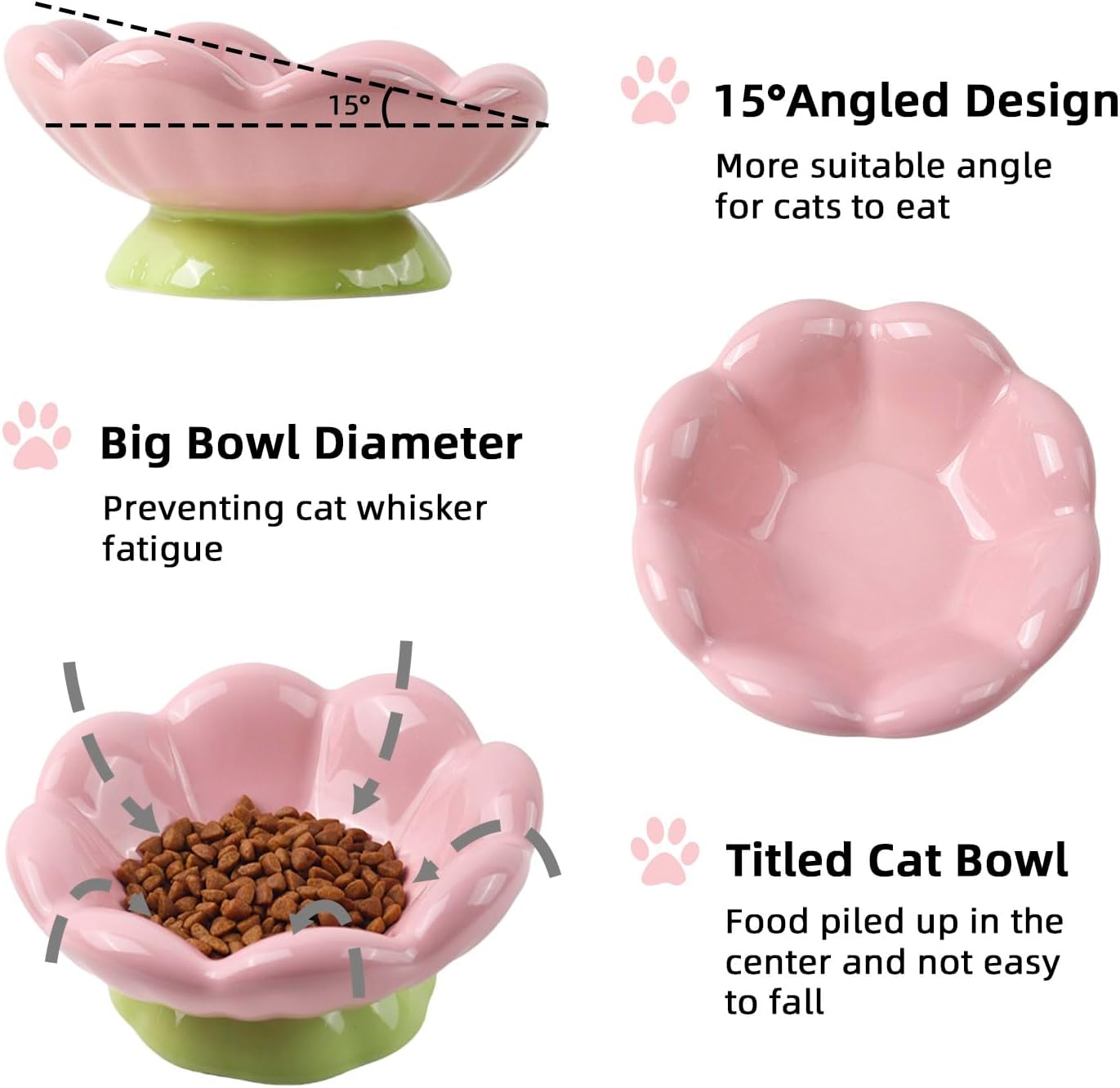 DIF DECO Ceramic Raised Cat Bowl, Pink Elevated Food Bowls for Food and Water Protecting Spine and Whisker Friendly,Tulip Shape Cute Pet Feeder Dish for Indoor Cats and Small Dogs(Height 3.3 inch)