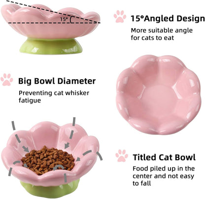 DIF DECO Ceramic Raised Cat Bowl, Pink Elevated Food Bowls for Food and Water Protecting Spine and Whisker Friendly,Tulip Shape Cute Pet Feeder Dish for Indoor Cats and Small Dogs(Height 3.3 inch)