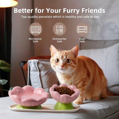 DIF DECO Ceramic Raised Cat Bowl, Pink Elevated Food Bowls for Food and Water Protecting Spine and Whisker Friendly,Tulip Shape Cute Pet Feeder Dish for Indoor Cats and Small Dogs(Height 3.3 inch)