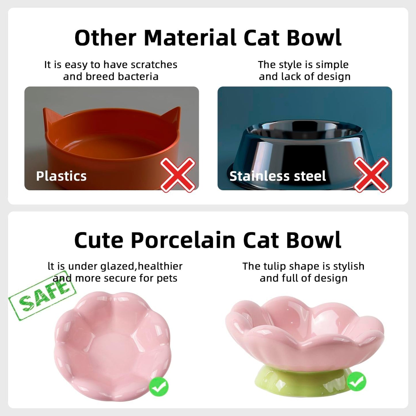 DIF DECO Ceramic Raised Cat Bowl, Pink Elevated Food Bowls for Food and Water Protecting Spine and Whisker Friendly,Tulip Shape Cute Pet Feeder Dish for Indoor Cats and Small Dogs(Height 3.3 inch)