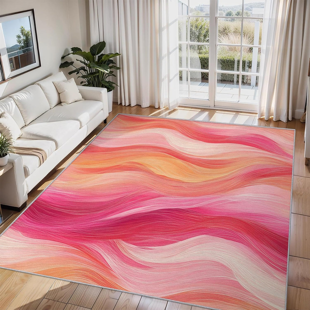 Washable Modern Art Rug 3x4, Modern Abstract Waves Rugs Living Room Bedroom Accessories, Soft Low Pile Non Slip Area Rug, Peach Pink Wave Home Decor Indoor Carpet zCb5