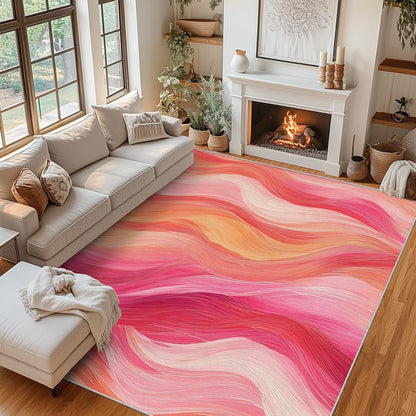 Washable Modern Art Rug 3x4, Modern Abstract Waves Rugs Living Room Bedroom Accessories, Soft Low Pile Non Slip Area Rug, Peach Pink Wave Home Decor Indoor Carpet zCb5