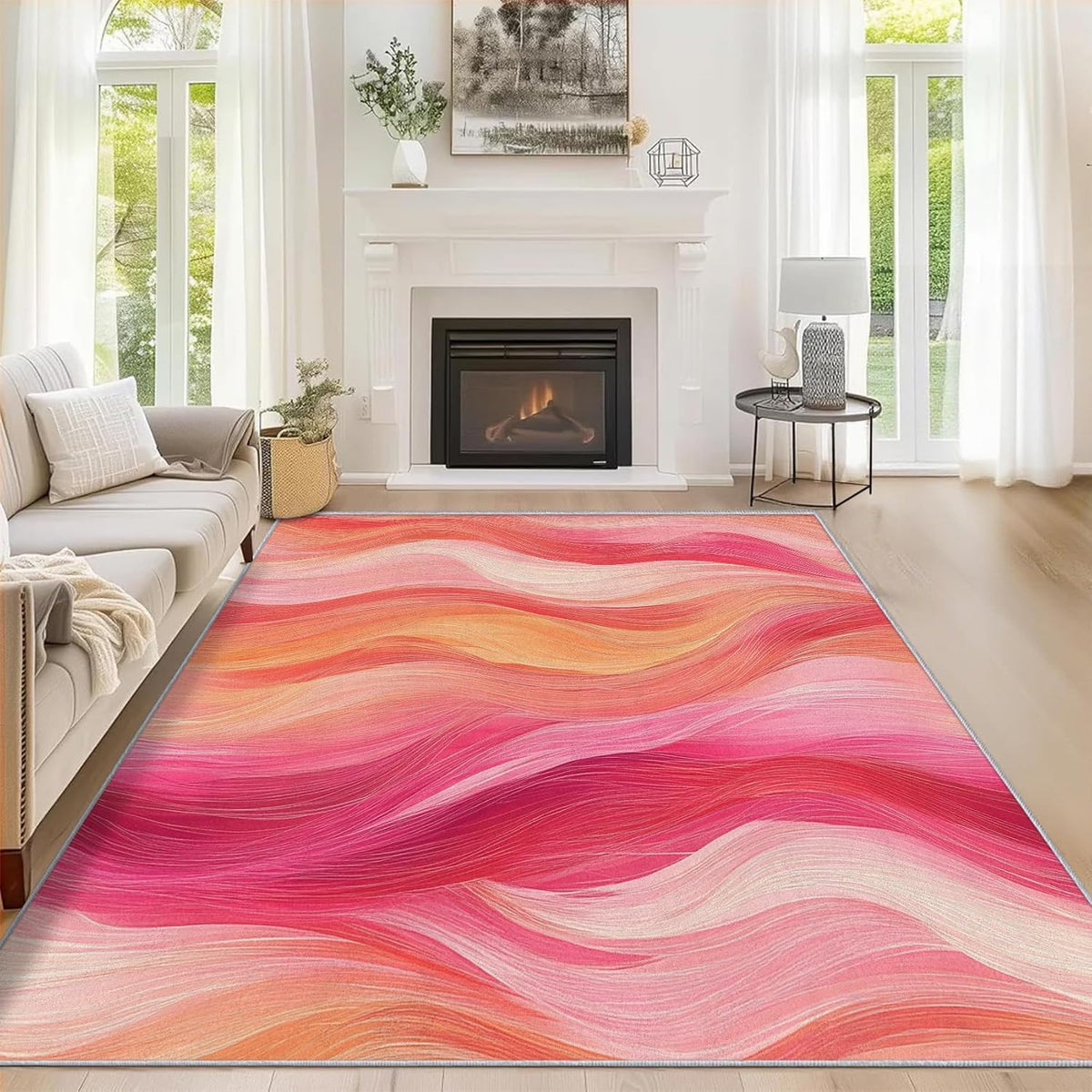 Washable Modern Art Rug 3x4, Modern Abstract Waves Rugs Living Room Bedroom Accessories, Soft Low Pile Non Slip Area Rug, Peach Pink Wave Home Decor Indoor Carpet zCb5