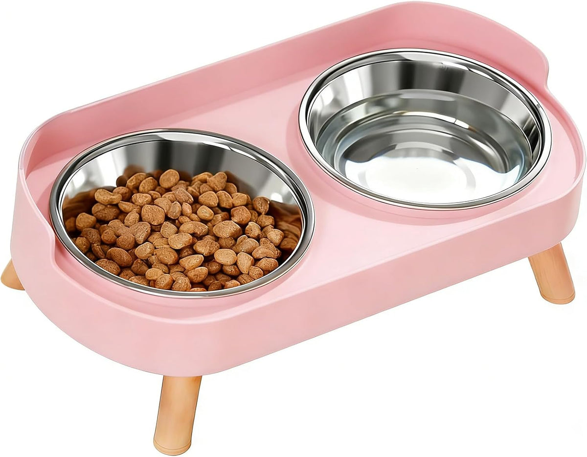 Elevated Cat Bowls, 2 Stainless Steel Raised Cat Food and Water Bowl Set, Splash Proof & Non-Slip, Whisker Fatigue Friendly, Dishwasher Safe for Cats and Small Dogs - Pink