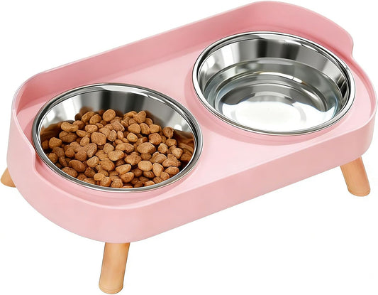 Elevated Cat Bowls, 2 Stainless Steel Raised Cat Food and Water Bowl Set, Splash Proof & Non-Slip, Whisker Fatigue Friendly, Dishwasher Safe for Cats and Small Dogs - Pink