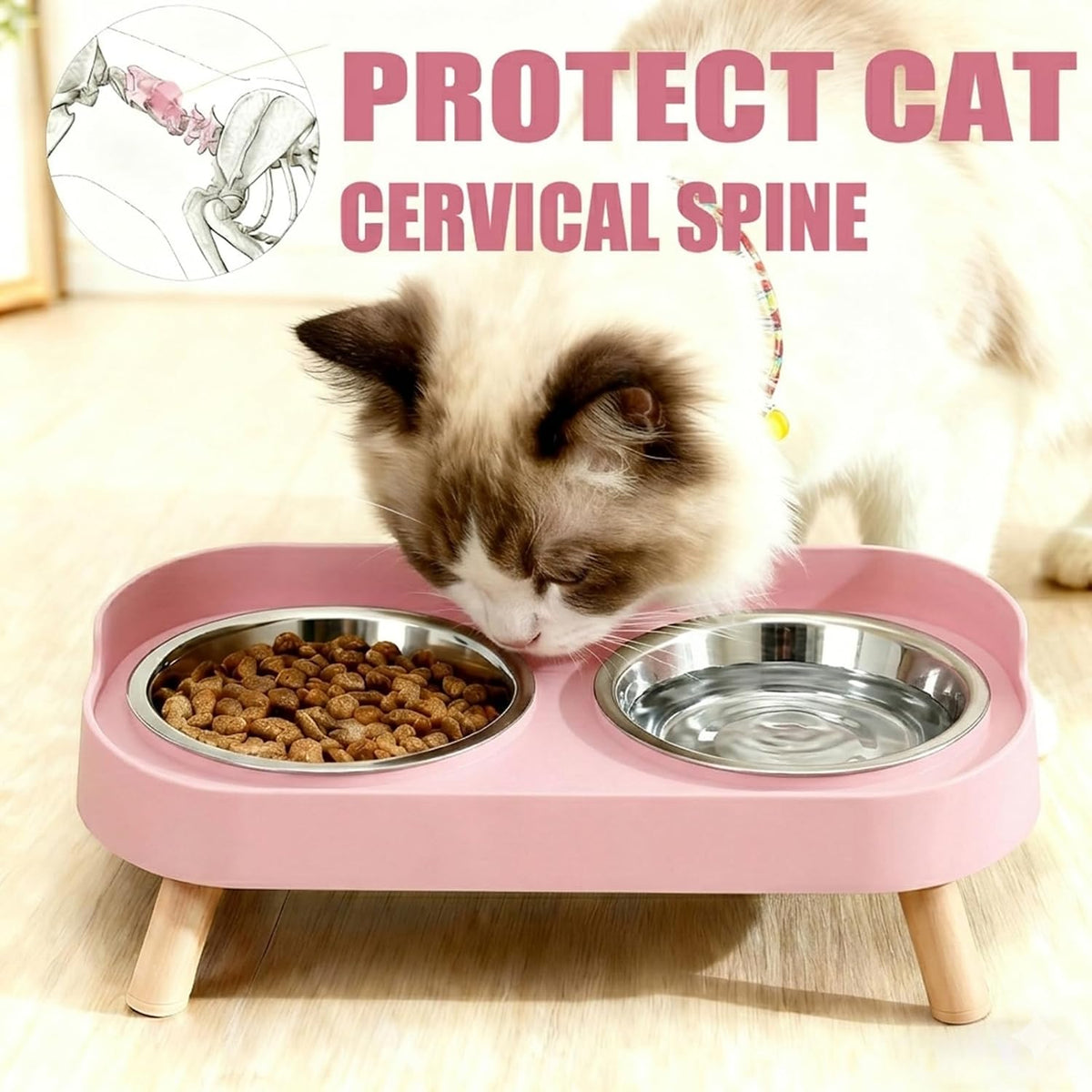 Elevated Cat Bowls, 2 Stainless Steel Raised Cat Food and Water Bowl Set, Splash Proof & Non-Slip, Whisker Fatigue Friendly, Dishwasher Safe for Cats and Small Dogs - Pink