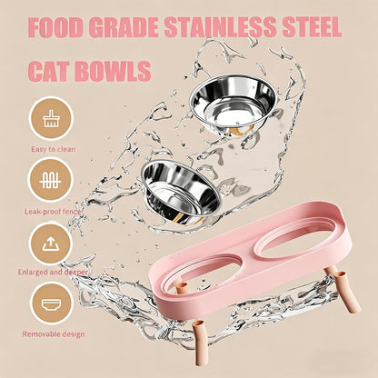 Elevated Cat Bowls, 2 Stainless Steel Raised Cat Food and Water Bowl Set, Splash Proof & Non-Slip, Whisker Fatigue Friendly, Dishwasher Safe for Cats and Small Dogs - Pink