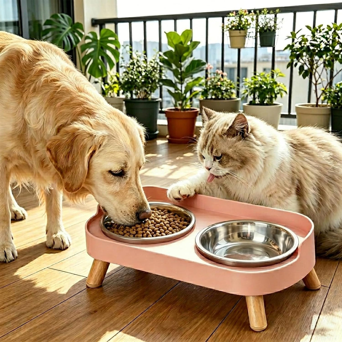 Elevated Cat Bowls, 2 Stainless Steel Raised Cat Food and Water Bowl Set, Splash Proof & Non-Slip, Whisker Fatigue Friendly, Dishwasher Safe for Cats and Small Dogs - Pink