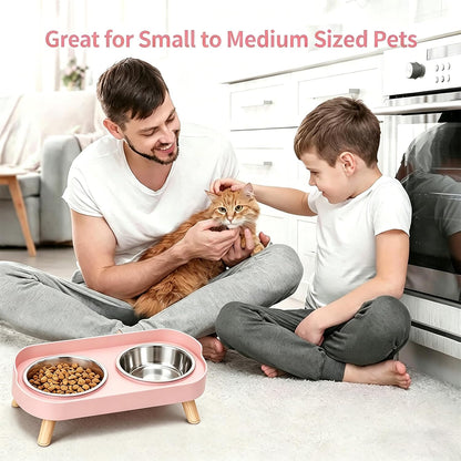 Elevated Cat Bowls, 2 Stainless Steel Raised Cat Food and Water Bowl Set, Splash Proof & Non-Slip, Whisker Fatigue Friendly, Dishwasher Safe for Cats and Small Dogs - Pink