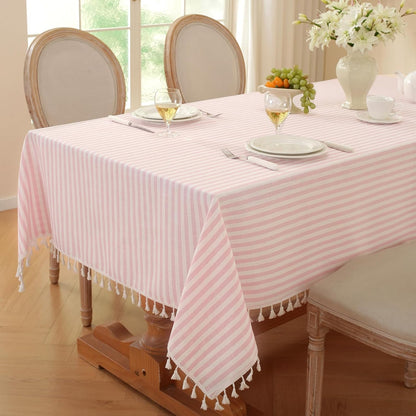 Pink Striped Rectangle Tablecloth with Tassels 55x90 Inch