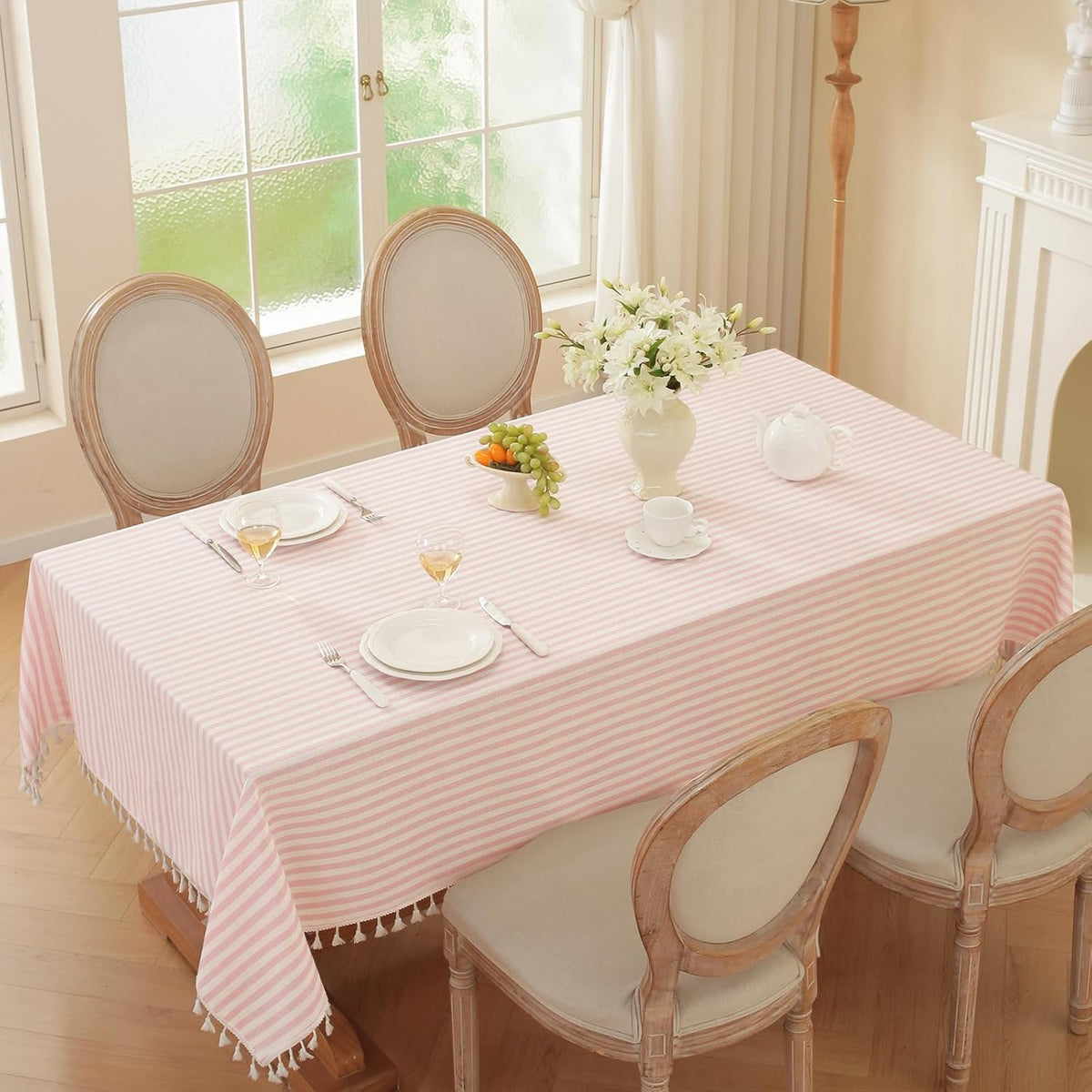 Pink Striped Rectangle Tablecloth with Tassels 55x90 Inch