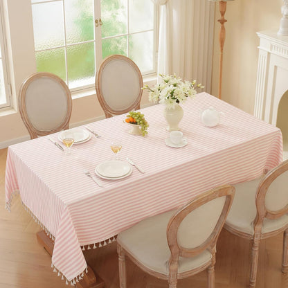 Pink Striped Rectangle Tablecloth with Tassels 55x90 Inch