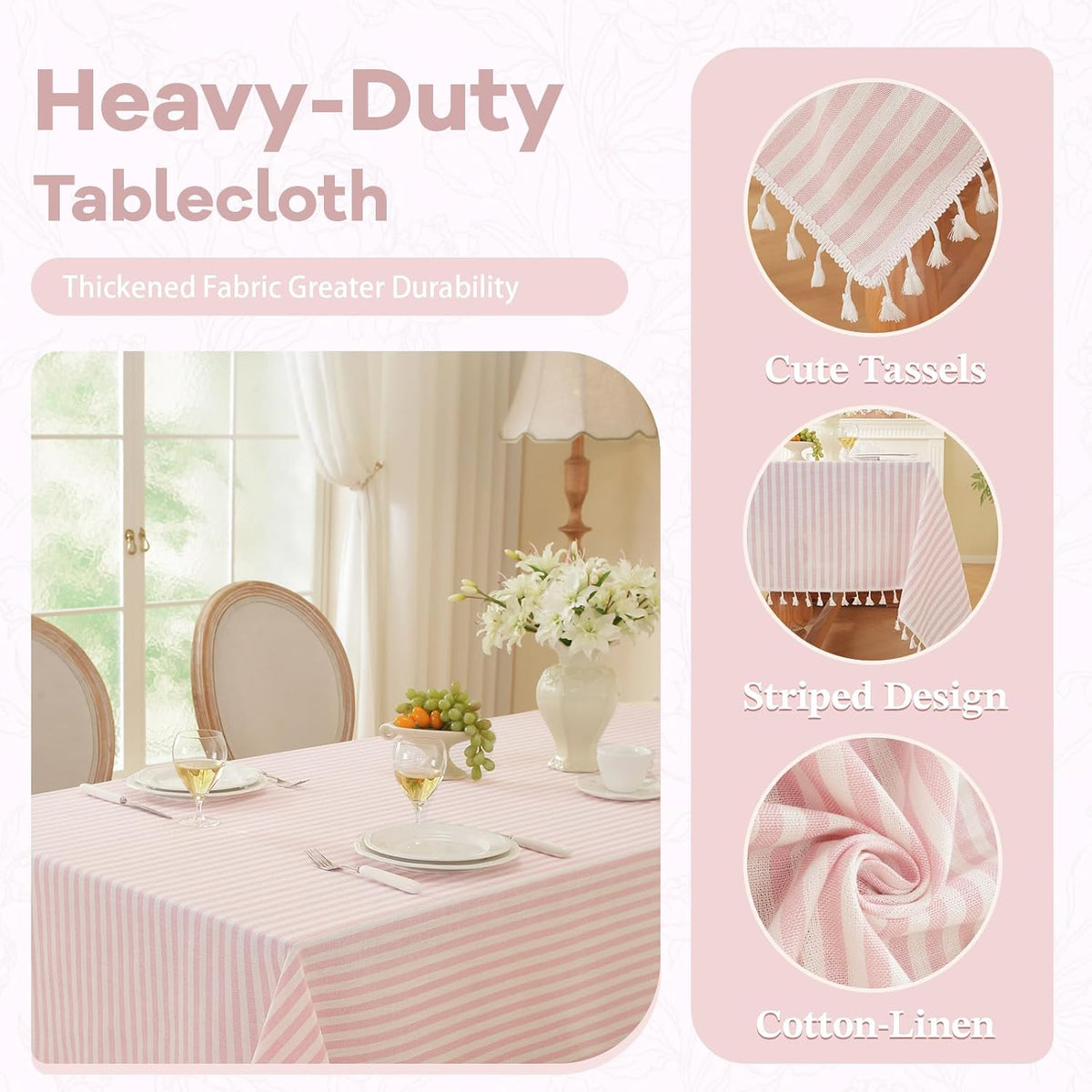 Pink Striped Rectangle Tablecloth with Tassels 55x90 Inch