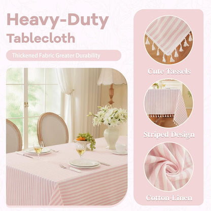 Pink Striped Rectangle Tablecloth with Tassels 55x90 Inch