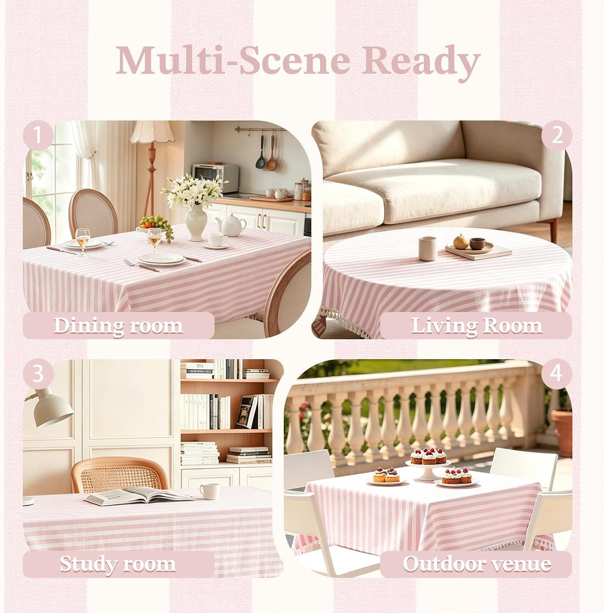 Pink Striped Rectangle Tablecloth with Tassels 55x90 Inch