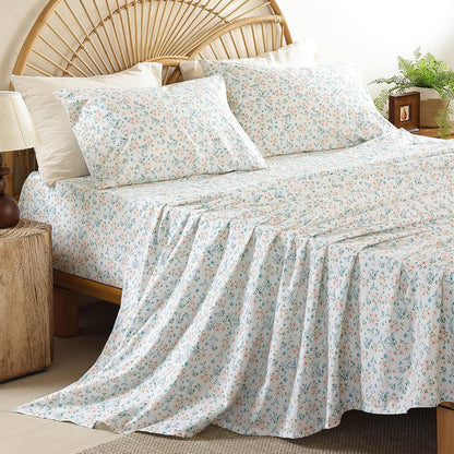 Queen Size Sheet Set, 4 Piece Floral Printed Bed Sheets, Deep Pockets