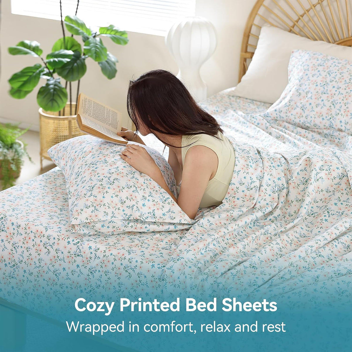Queen Size Sheet Set, 4 Piece Floral Printed Bed Sheets, Deep Pockets