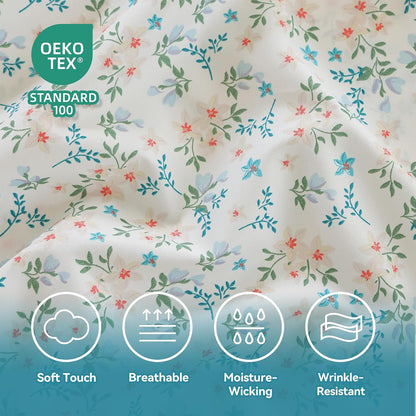 Queen Size Sheet Set, 4 Piece Floral Printed Bed Sheets, Deep Pockets