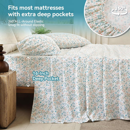 Queen Size Sheet Set, 4 Piece Floral Printed Bed Sheets, Deep Pockets