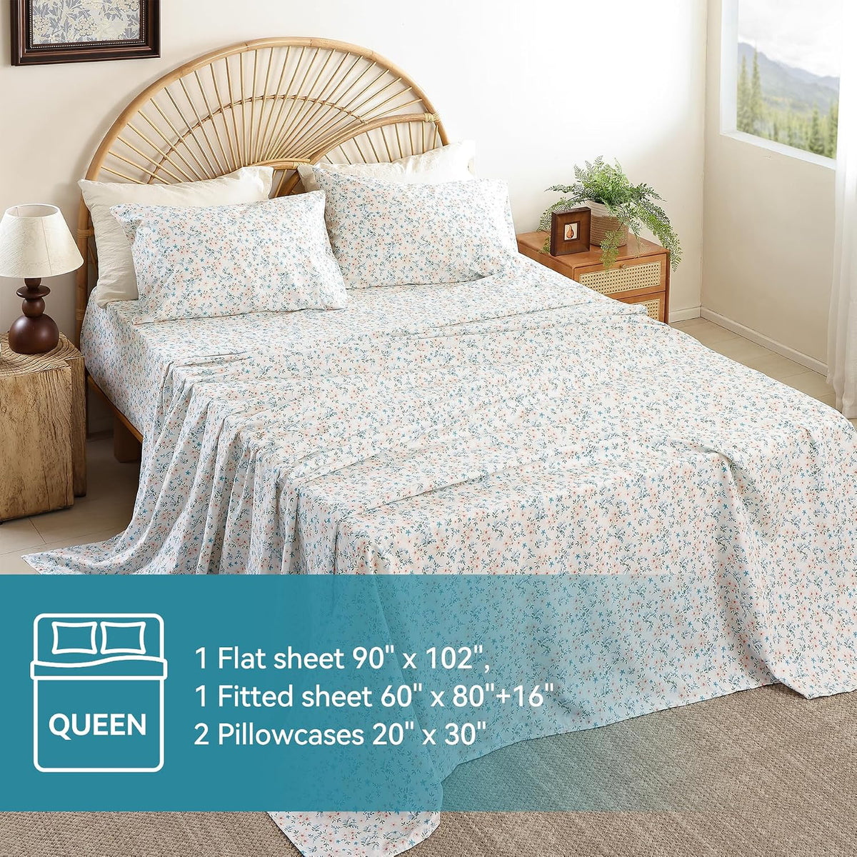 Queen Size Sheet Set, 4 Piece Floral Printed Bed Sheets, Deep Pockets