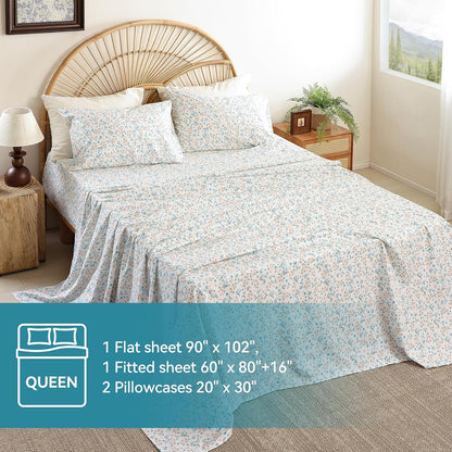 Queen Size Sheet Set, 4 Piece Floral Printed Bed Sheets, Deep Pockets