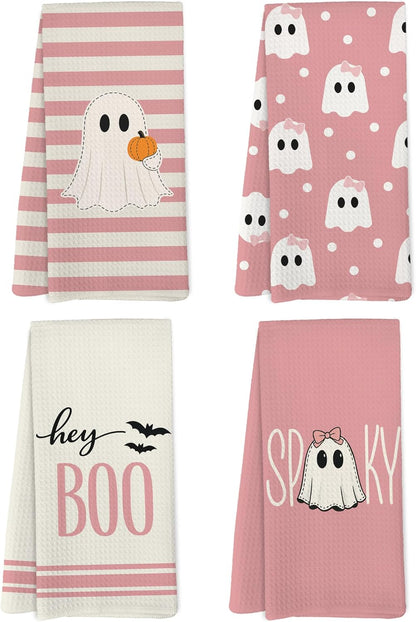 Pink Halloween Ghost Kitchen Dish Towels, Halloween Bathroom Decor, Preppy Girly Gothic Spooky Cute Ghost Pumpkin Hey Boo Hand Towels for Bathroom Kitchen Decor, 16x24in Set of 4