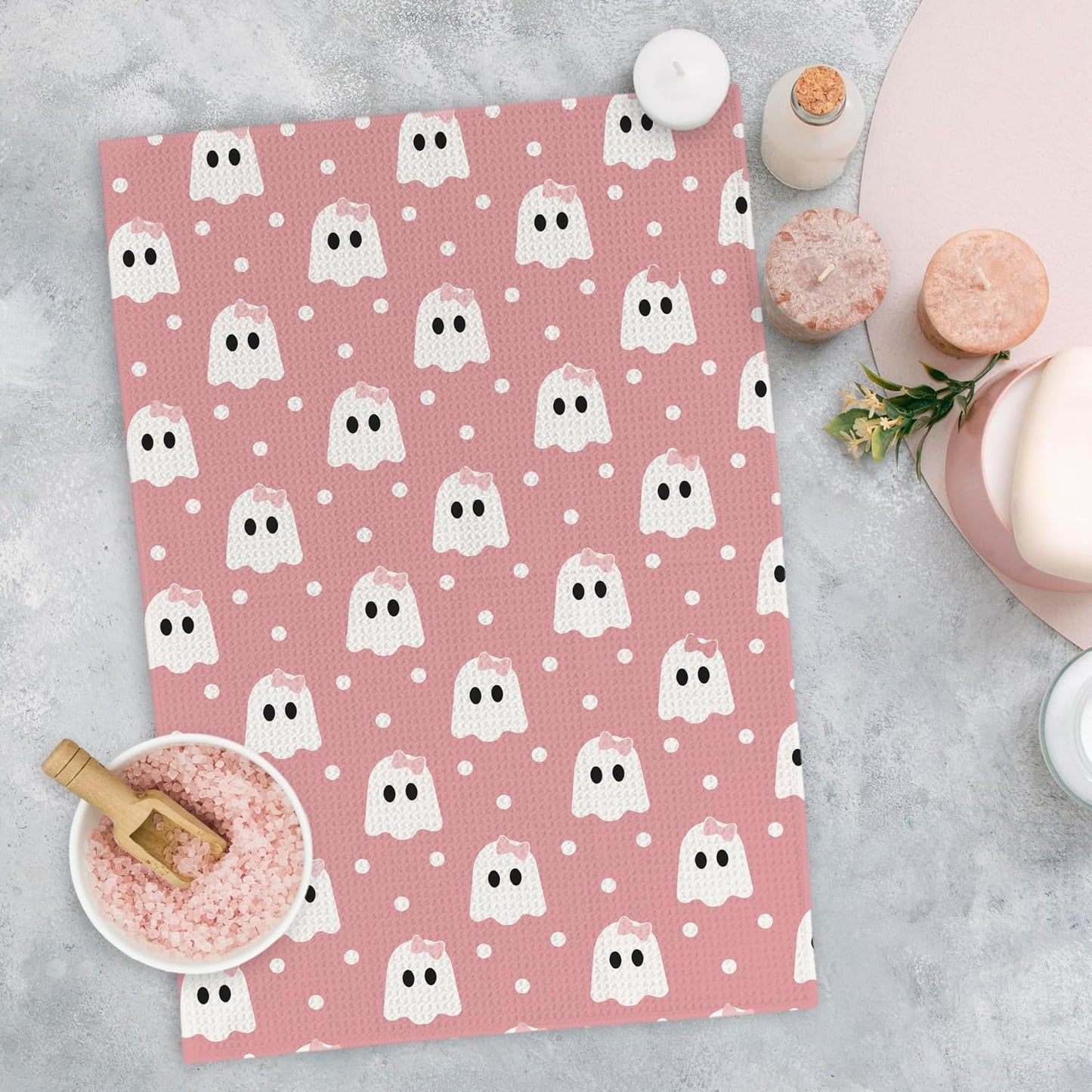 Pink Halloween Ghost Kitchen Dish Towels, Halloween Bathroom Decor, Preppy Girly Gothic Spooky Cute Ghost Pumpkin Hey Boo Hand Towels for Bathroom Kitchen Decor, 16x24in Set of 4