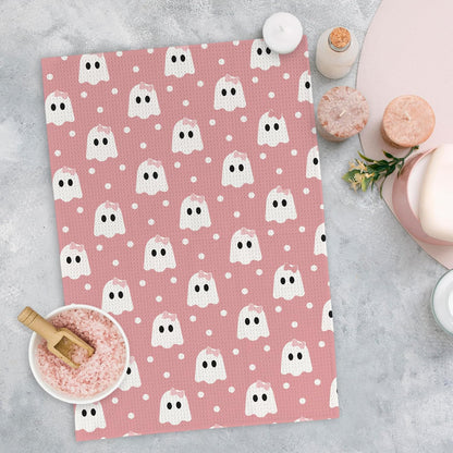 Pink Halloween Ghost Kitchen Dish Towels, Halloween Bathroom Decor, Preppy Girly Gothic Spooky Cute Ghost Pumpkin Hey Boo Hand Towels for Bathroom Kitchen Decor, 16x24in Set of 4