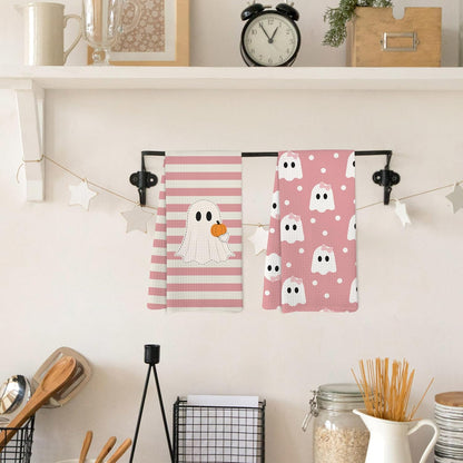 Pink Halloween Ghost Kitchen Dish Towels, Halloween Bathroom Decor, Preppy Girly Gothic Spooky Cute Ghost Pumpkin Hey Boo Hand Towels for Bathroom Kitchen Decor, 16x24in Set of 4