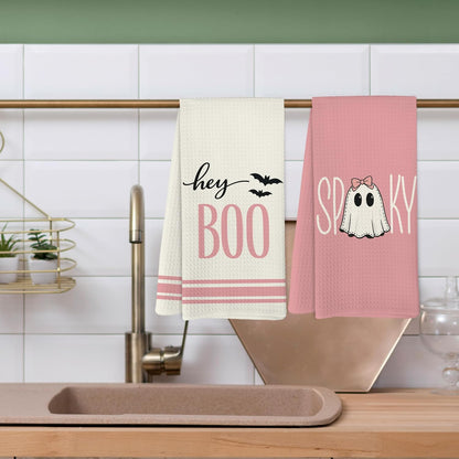 Pink Halloween Ghost Kitchen Dish Towels, Halloween Bathroom Decor, Preppy Girly Gothic Spooky Cute Ghost Pumpkin Hey Boo Hand Towels for Bathroom Kitchen Decor, 16x24in Set of 4