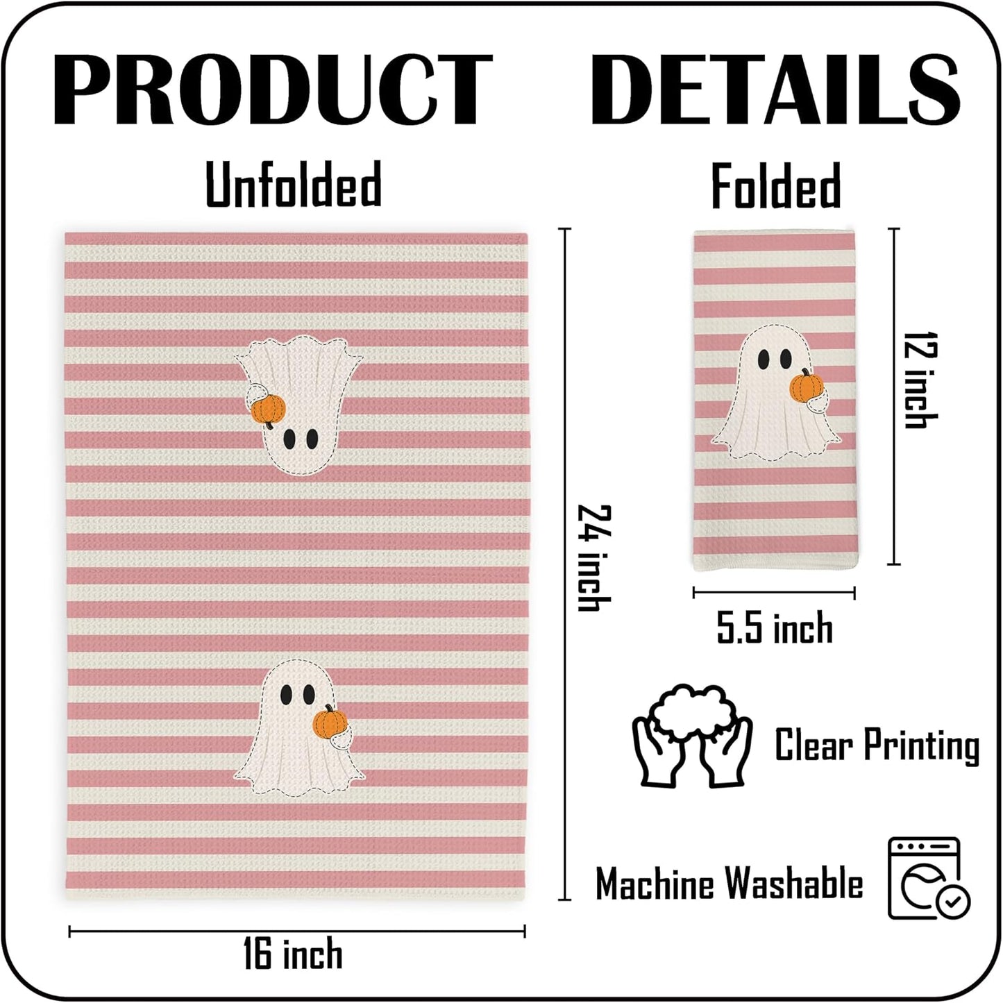 Pink Halloween Ghost Kitchen Dish Towels, Halloween Bathroom Decor, Preppy Girly Gothic Spooky Cute Ghost Pumpkin Hey Boo Hand Towels for Bathroom Kitchen Decor, 16x24in Set of 4