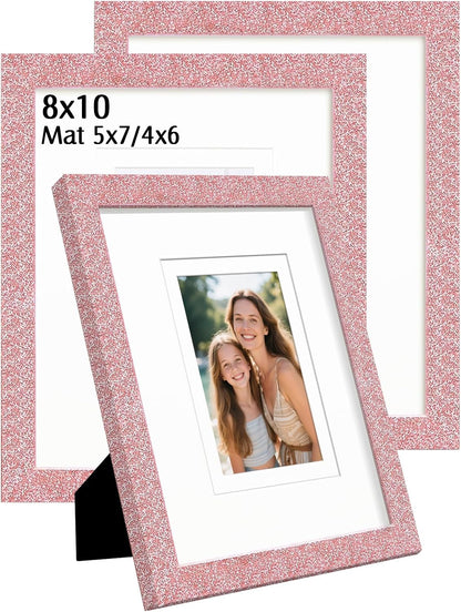 8x10 Picture Frame with 5x7 ＆ 4x6 Mat, Glitter Frame with Real Glass and Solid Wood, Sparkle Photo Frame for Tabletop or Wall Mount, Horizontal or Vertical Display(Light Pink)