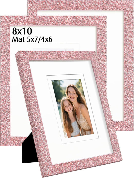 8x10 Picture Frame with 5x7 ＆ 4x6 Mat, Glitter Frame with Real Glass and Solid Wood, Sparkle Photo Frame for Tabletop or Wall Mount, Horizontal or Vertical Display(Light Pink)