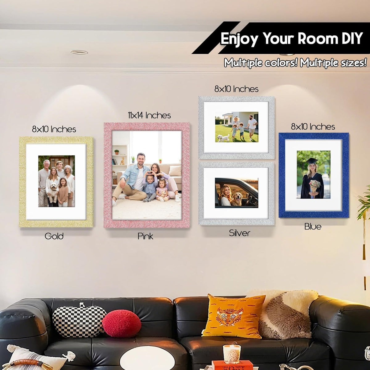 8x10 Picture Frame with 5x7 ＆ 4x6 Mat, Glitter Frame with Real Glass and Solid Wood, Sparkle Photo Frame for Tabletop or Wall Mount, Horizontal or Vertical Display(Light Pink)