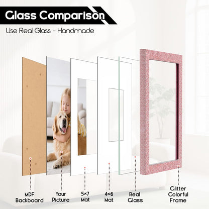 8x10 Picture Frame with 5x7 ＆ 4x6 Mat, Glitter Frame with Real Glass and Solid Wood, Sparkle Photo Frame for Tabletop or Wall Mount, Horizontal or Vertical Display(Light Pink)
