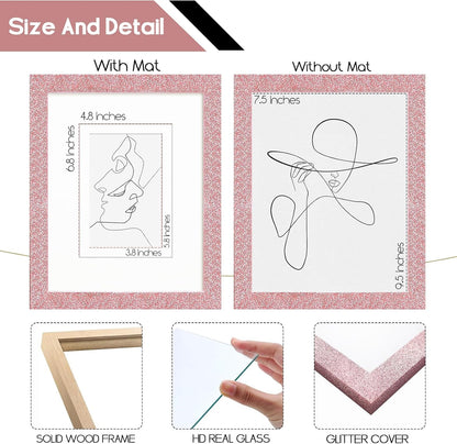 8x10 Picture Frame with 5x7 ＆ 4x6 Mat, Glitter Frame with Real Glass and Solid Wood, Sparkle Photo Frame for Tabletop or Wall Mount, Horizontal or Vertical Display(Light Pink)