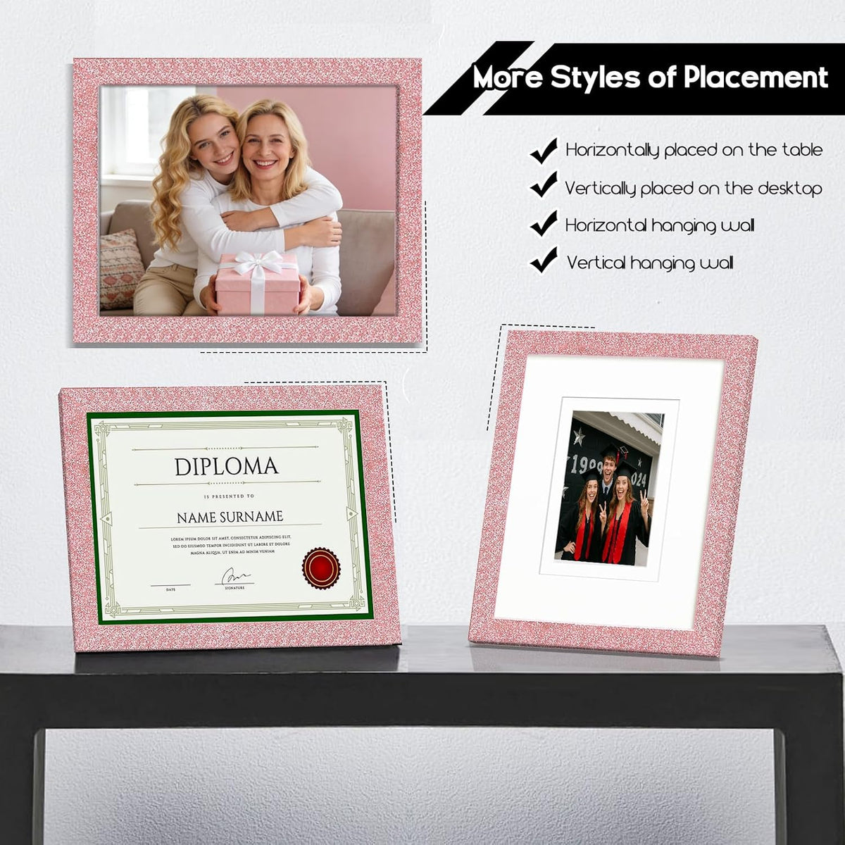 8x10 Picture Frame with 5x7 ＆ 4x6 Mat, Glitter Frame with Real Glass and Solid Wood, Sparkle Photo Frame for Tabletop or Wall Mount, Horizontal or Vertical Display(Light Pink)