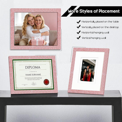 8x10 Picture Frame with 5x7 ＆ 4x6 Mat, Glitter Frame with Real Glass and Solid Wood, Sparkle Photo Frame for Tabletop or Wall Mount, Horizontal or Vertical Display(Light Pink)