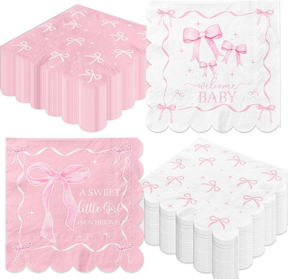 50Pcs Pink Bow Baby Shower Napkins,A Sweet Little Girl is on Her Way Party Decorations Coquette Bow Birthday Party Napkins for Sweet Baby Girl Baby Shower,Pink Bow Birthday Party Decor