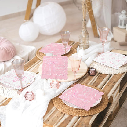 50Pcs Pink Bow Baby Shower Napkins,A Sweet Little Girl is on Her Way Party Decorations Coquette Bow Birthday Party Napkins for Sweet Baby Girl Baby Shower,Pink Bow Birthday Party Decor