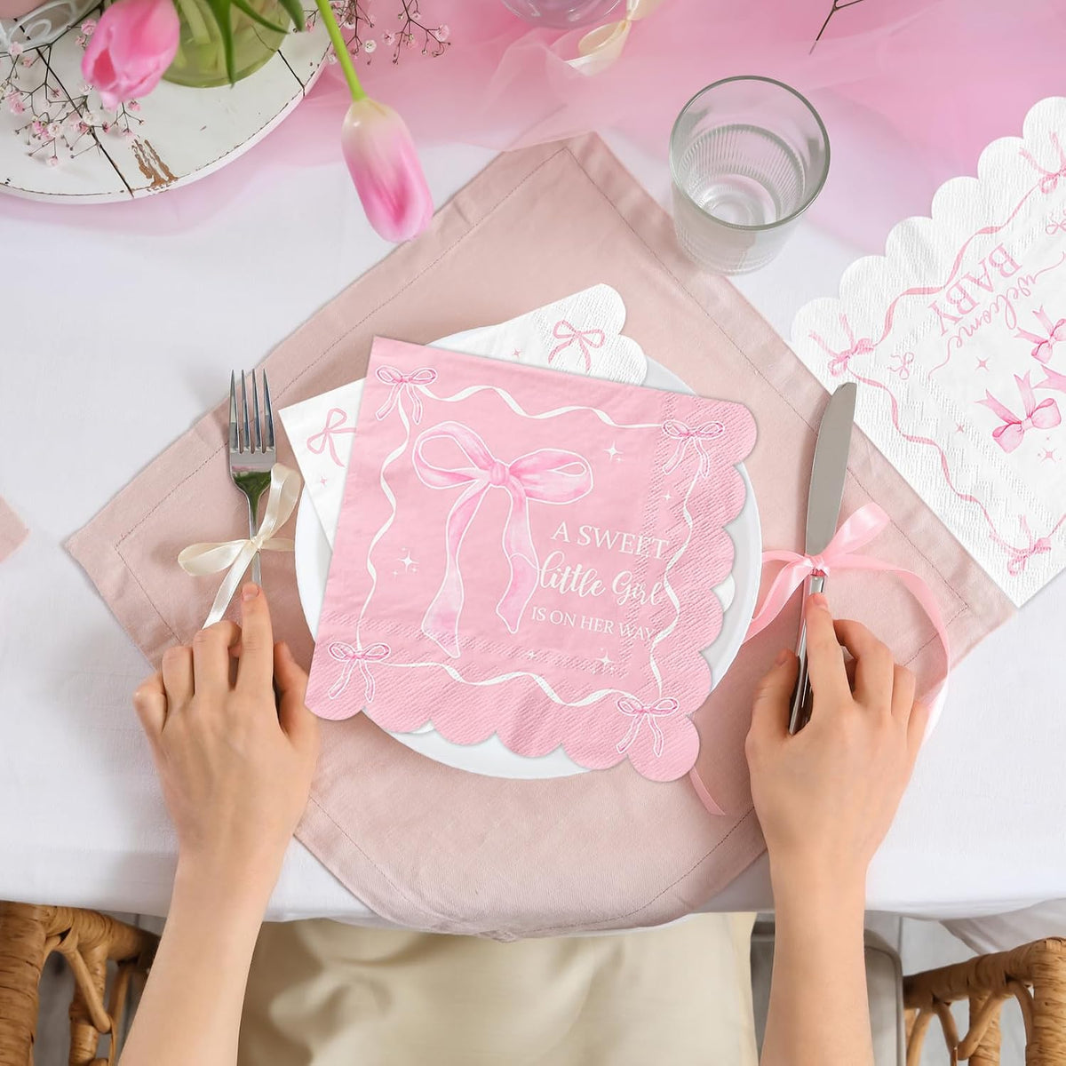 50Pcs Pink Bow Baby Shower Napkins,A Sweet Little Girl is on Her Way Party Decorations Coquette Bow Birthday Party Napkins for Sweet Baby Girl Baby Shower,Pink Bow Birthday Party Decor