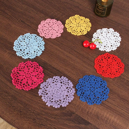 Coasters for Drinks Round Crochet Lace Doily Floral Design Fabric Coasters Value Pack, 10pcs/Set Pink Hand Crocheted Doily Coaster