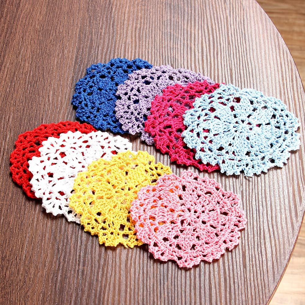 Coasters for Drinks Round Crochet Lace Doily Floral Design Fabric Coasters Value Pack, 10pcs/Set Pink Hand Crocheted Doily Coaster