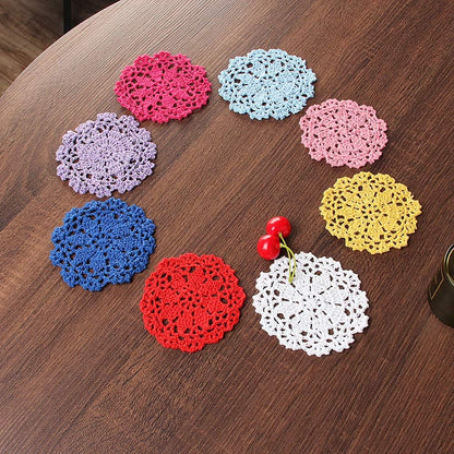 Coasters for Drinks Round Crochet Lace Doily Floral Design Fabric Coasters Value Pack, 10pcs/Set Pink Hand Crocheted Doily Coaster